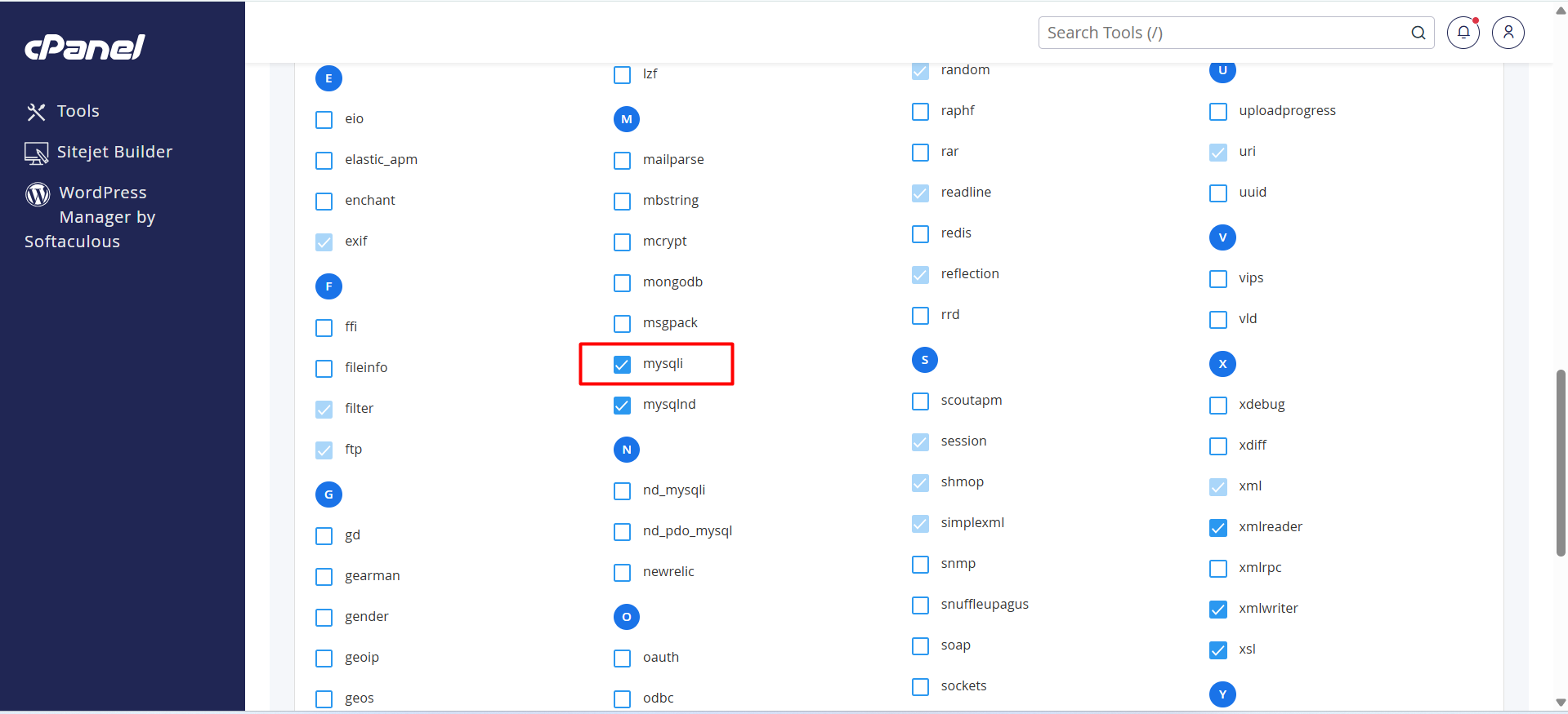 Select PHP Version-এ Extensions ট্যাবে mysqli-তে টিক দেওয়া