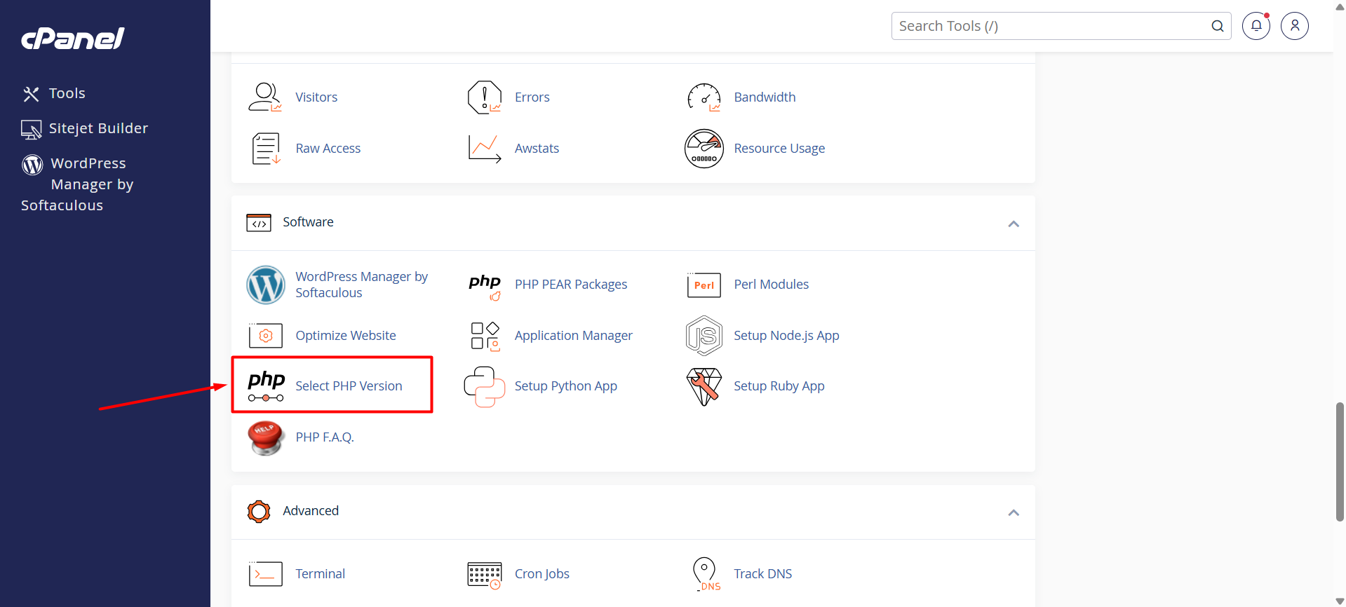 cPanel-এ Software সেকশন থেকে Select PHP Version অপশন
